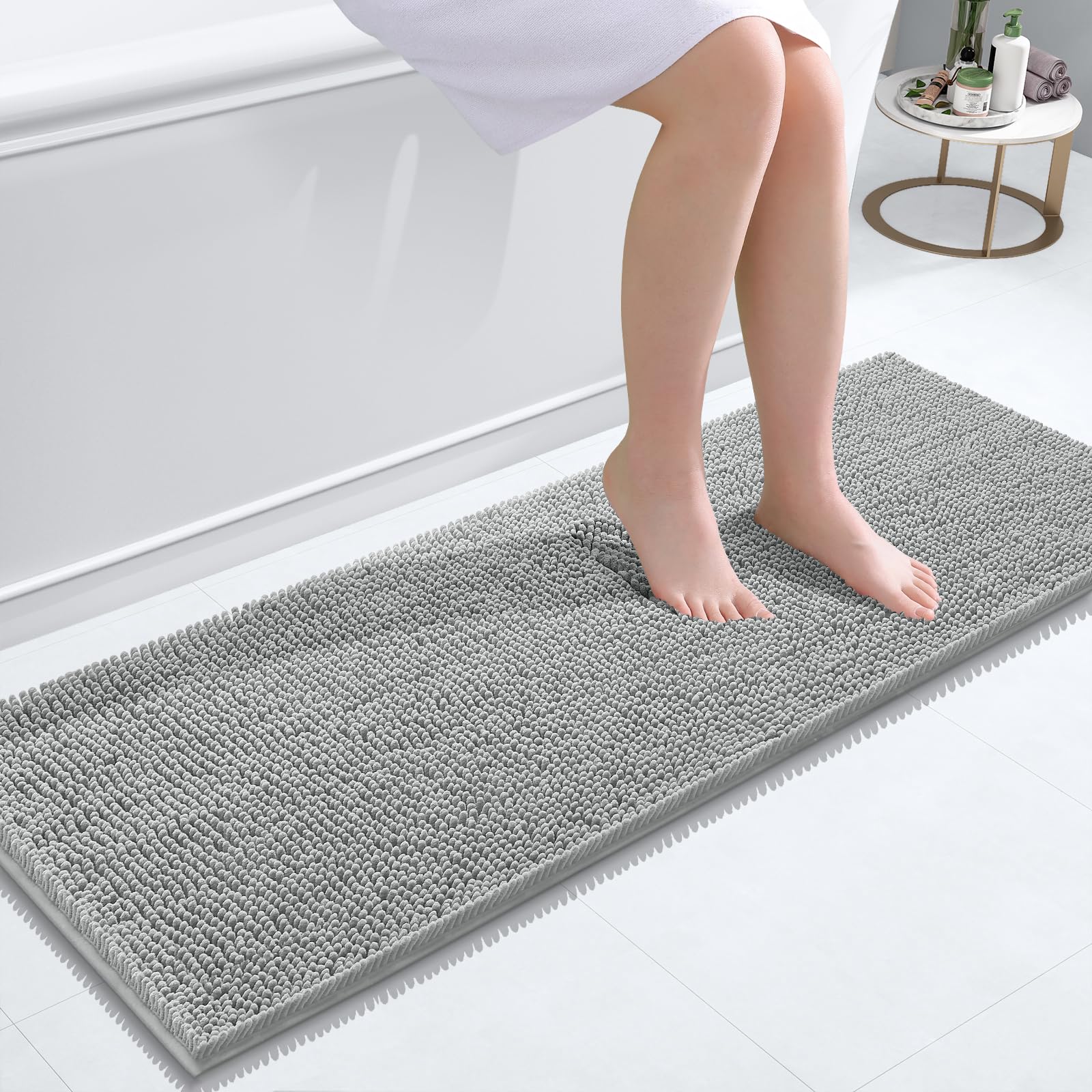 smiry Chenille Bath Mat, 40 x 120 cm, Non-Slip Super Absorbent Bathroom Mat Extra Soft Fluffy Bath Mats for Bathroom Thick Machine Washable Floor Mats Rugs Runner, Grey