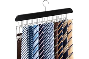 FITNICE 2-in-1 Belt and Tie Hanger for Closet, Upgraded Tie Rack with 20 Foldable Non-Slip Hooks, Max 30 Belts and 30 Ties, Space-Saving Wooden Tie and Belt Organizer for Camisoles, Bras, Scarves