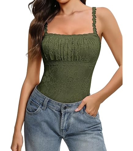 Amazon.com: Rooscier Women's Lace V Neck Bodysuit Spaghetti Strap
