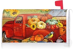 Texupday Fall Harvest Pumpkin Red Truck Decoration Mailbox Cover with Magnetic Strip Autumn Thanksgiving Mailbox Wraps Post Letter Box Cover Standard Size 21" X 18" Garden Farm Outdoor Yard Decor