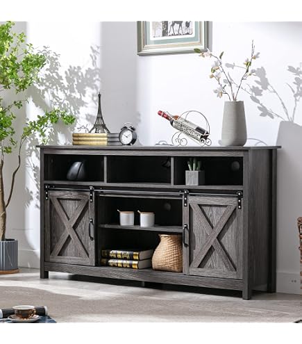 59 Inch Farmhouse Buffet Cabinet With Barn Doors & 6 Drawers - Kitchen Sideboard Storage (Dark Grey) - View #3