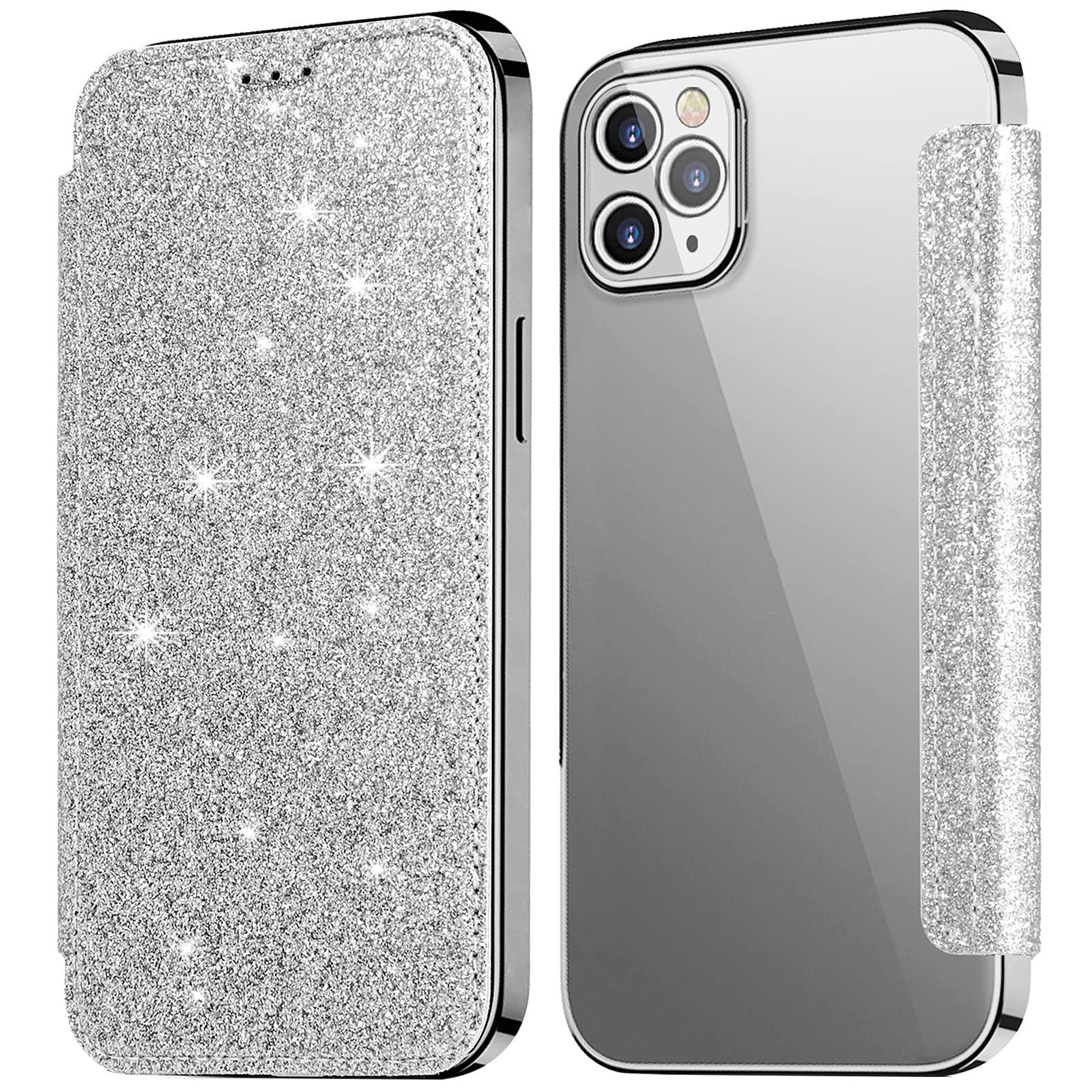 KOUYI Compatible with iPhone 12/12 Pro Case, Glitter Bling Sparkly Ultra-Slim PU Leather Folio Flip Case with Card Slot & Bling Soft TPU Back Cover Case for iPhone 12/12 Pro 6.1 Inch (Silver)