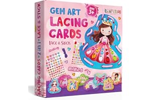CRAFTILOO Beginner Princess Lacing Card Kit for Kids Arts & Crafts, 8 Easy Lacing Projects with Gem Stickers, Paper Art Craft Cards for Toddlers, Fine Motor Preschool Skills, Mess-Free Travel Activity