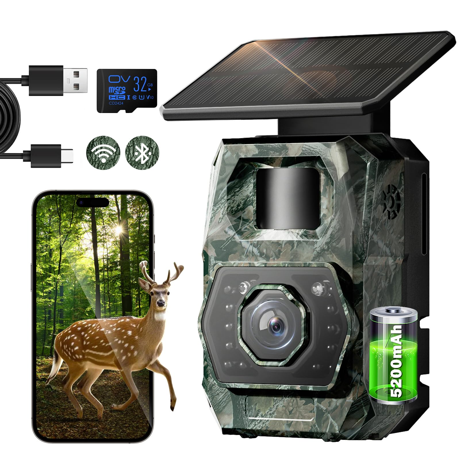 Photo 1 of Solar Trail Camera WiFi Bluetooth - Game Cameras with Night Vision Motion Activated Waterproof, Rechargeable Trail Cam with 5200mAh Battery Deer Camera Hunting Wildlife Cameras for Outdoor Backyard