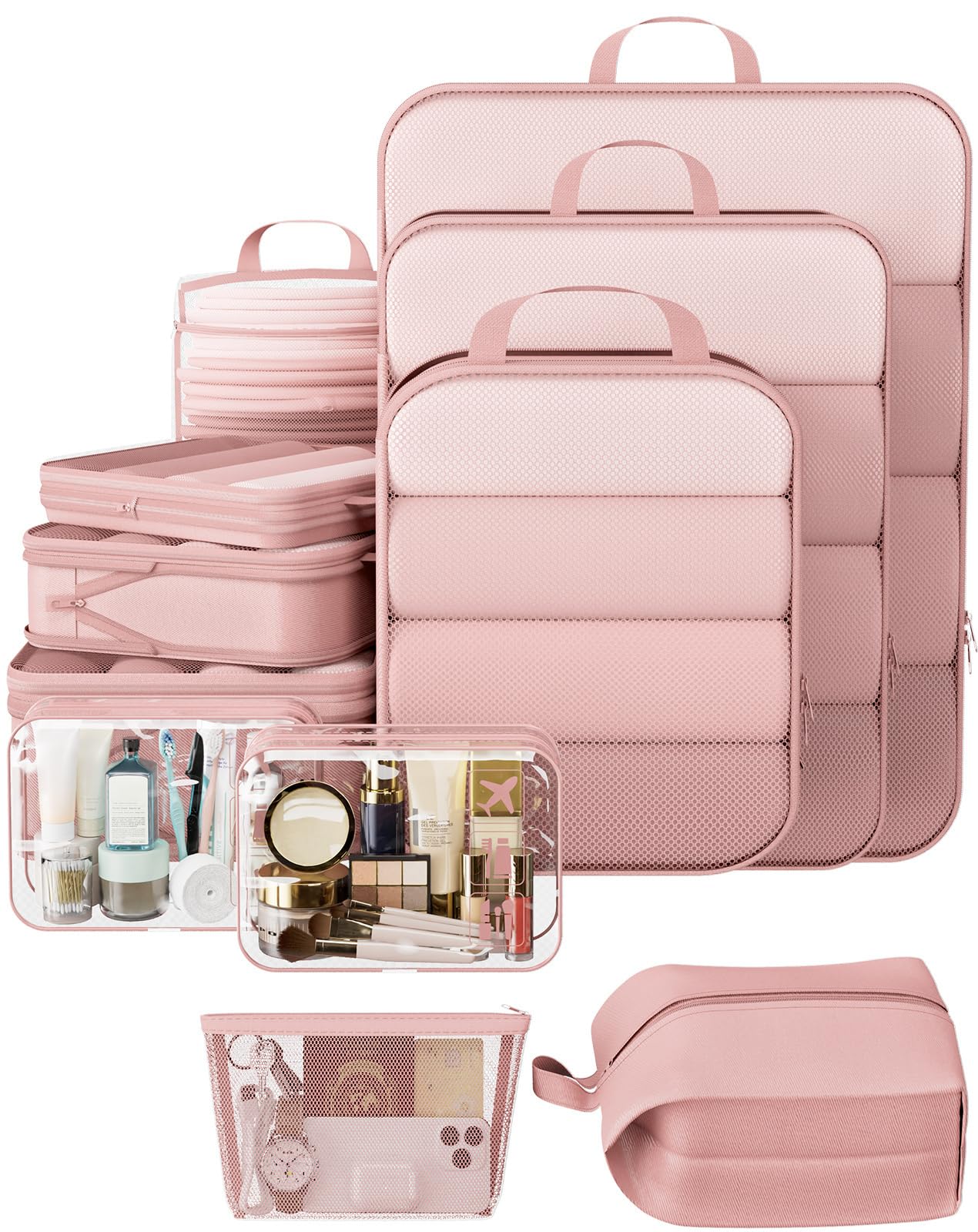 Photo 1 of **UNKNOWN MISSING PIECES**Veken 11 Set Compression Packing Cubes for Travel Essentials,Compressible Expandable Large Luggage Suitcase Organizer Bags for Clothing,Durable Space Saver Storage Bags with Toiletry Bags(Pink)