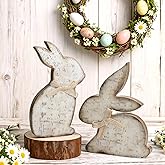 Thyle 2 Pcs Easter Bunny Wooden Signs Wooden Bunny Decorations with Bow Rustic Rabbit Shape Table Centerpiece Signs for Tables Tiered Tray Easter Gifts(Classic,Brown)