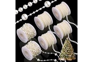 Bonuci 6 Rolls 132 Feet Pearls Garland for Christmas Tree Faux Pearl Beads Strand for Christmas Decor, Include 4 Rolls of 4 mm, 2 Roll 3 to 8 mm Mixed Artificial Pearls Chain Trim for Wedding (Beige)