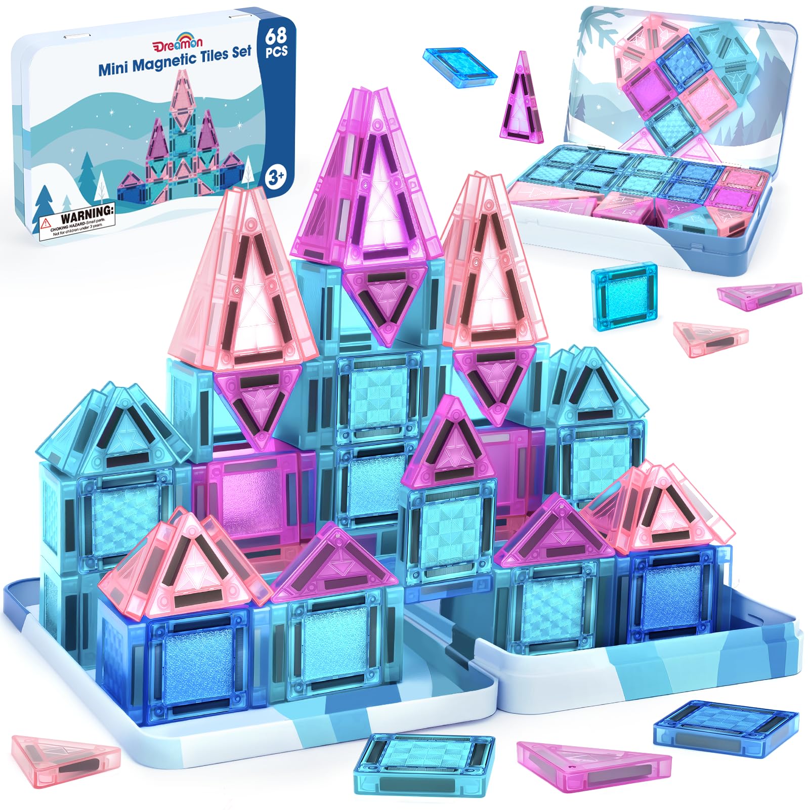 Dreamon 68 PCS Mini Magnetic Tiles Set Travel Magnetic Tiles for Kids with Tin Box Magnetics Blocks Building Toy Christmas Birthday Gift Girls Boys Age 3 4 5 Years