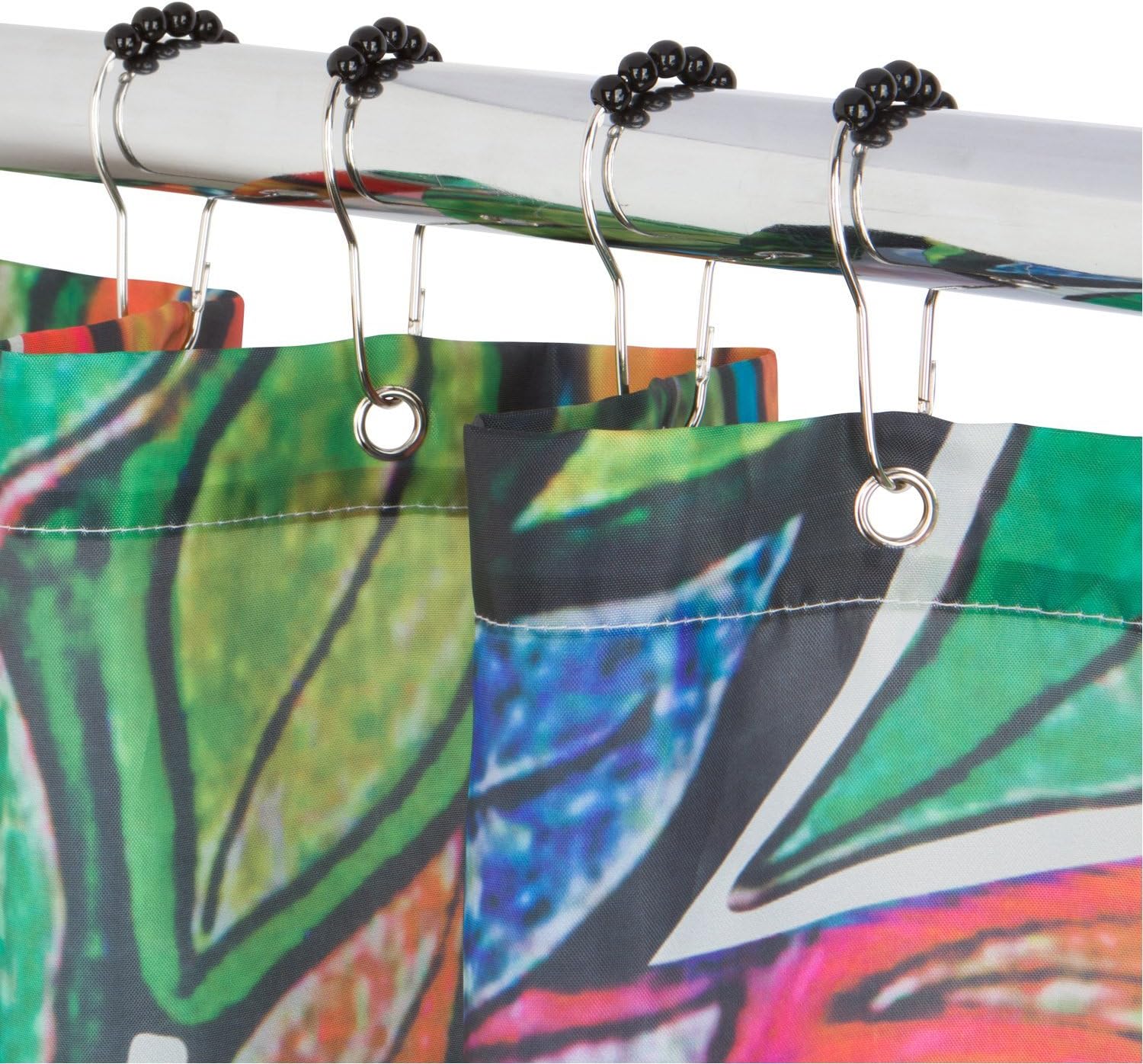 DOTZ Bathroom Shower & Black Shower Ring Set - Tree of Life Fabric Shower Curtain and Black Roller Shower Rings - Set of 12 Rings and 1 70x70 inch Polyester Curtain
