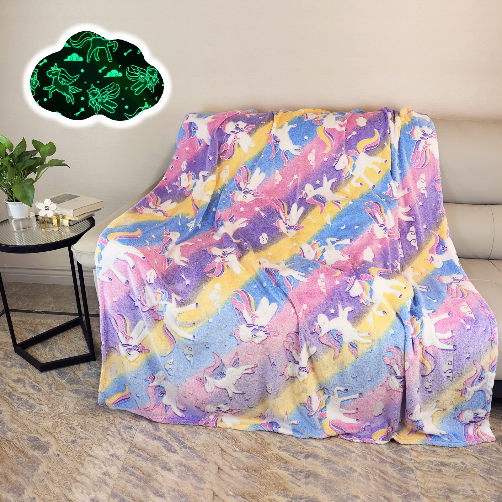 AVJWWD Glow in The Dark Throw Blanket,Unicorn Soft Flannel Fleece Throw Blanket,All Season Blanket Couch Sofa Nap Blanket for Kids Girls Boys Adults Gifts (Unicorn A, 130 x 150 cm)