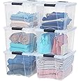 IRIS USA 40 Qt Stackable Plastic Storage Bins with Lids, 6 Pack - BPA-Free, Made in USA - See-Through Organizing Solution, Latches, Durable Nestable Containers, Secure Pull Handle - Clear