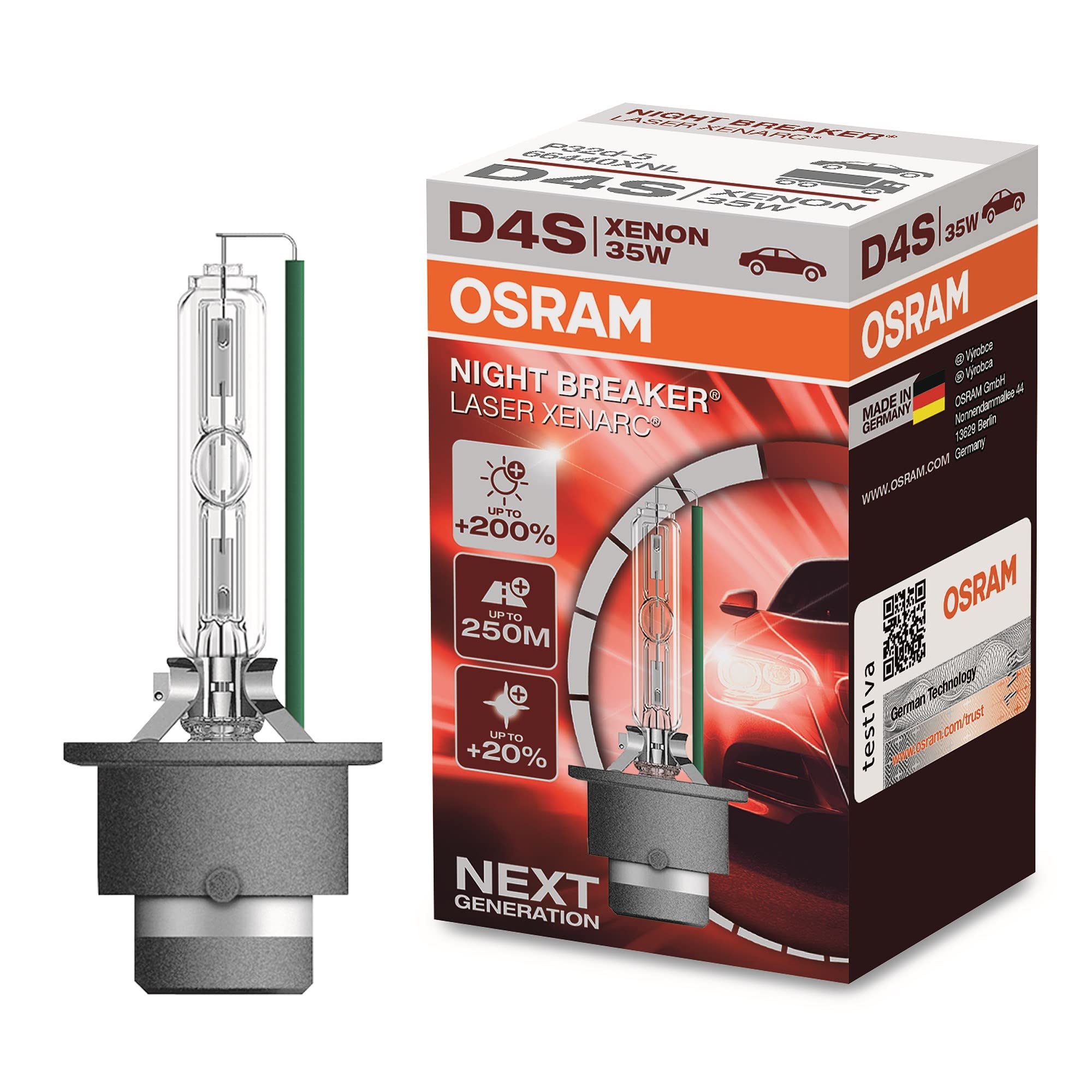 OSRAM XENARC NIGHT BREAKER LASER D4S, +200% more brightness, HID xenon bulb, discharge lamp, 66440XNL, folding box (1 lamp)