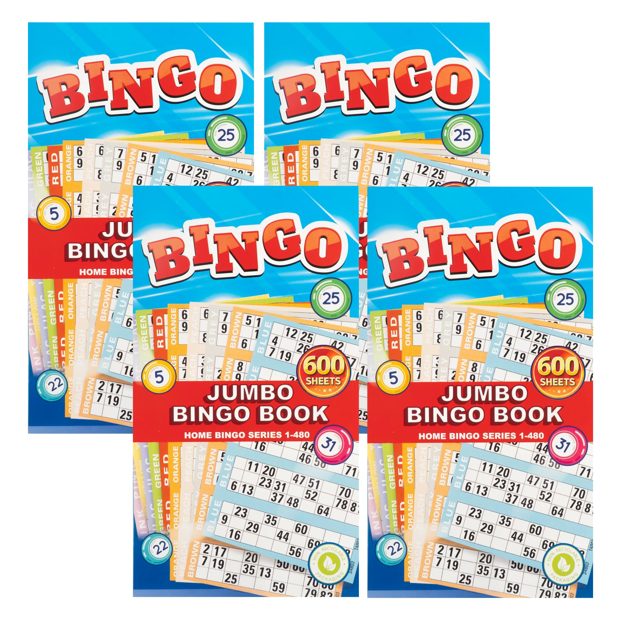 Navoys 4 Bingo Ticket Books – Jumbo Print 600 Bingo Tickets per Book, Security Coded, Assorted Colours, Clear and Easy to Read Numbers, for Home Bingo Games, Clubs & Family Use (4 Books)