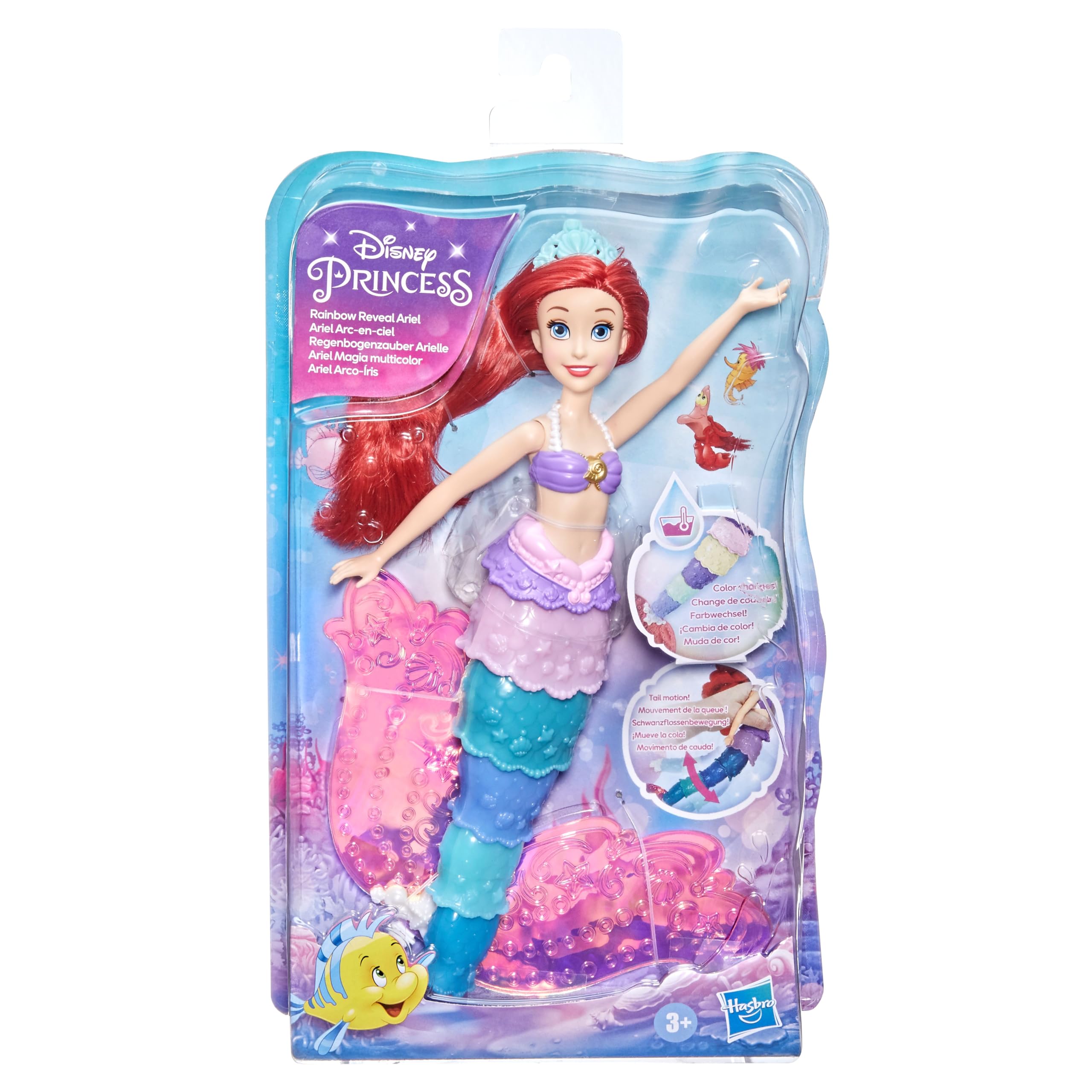 Disney Princess Rainbow Reveal Ariel, Colour Change Doll, The Little Mermaid Water Toy for Girls 3 Years and Up, Multicolor, Pack of 1