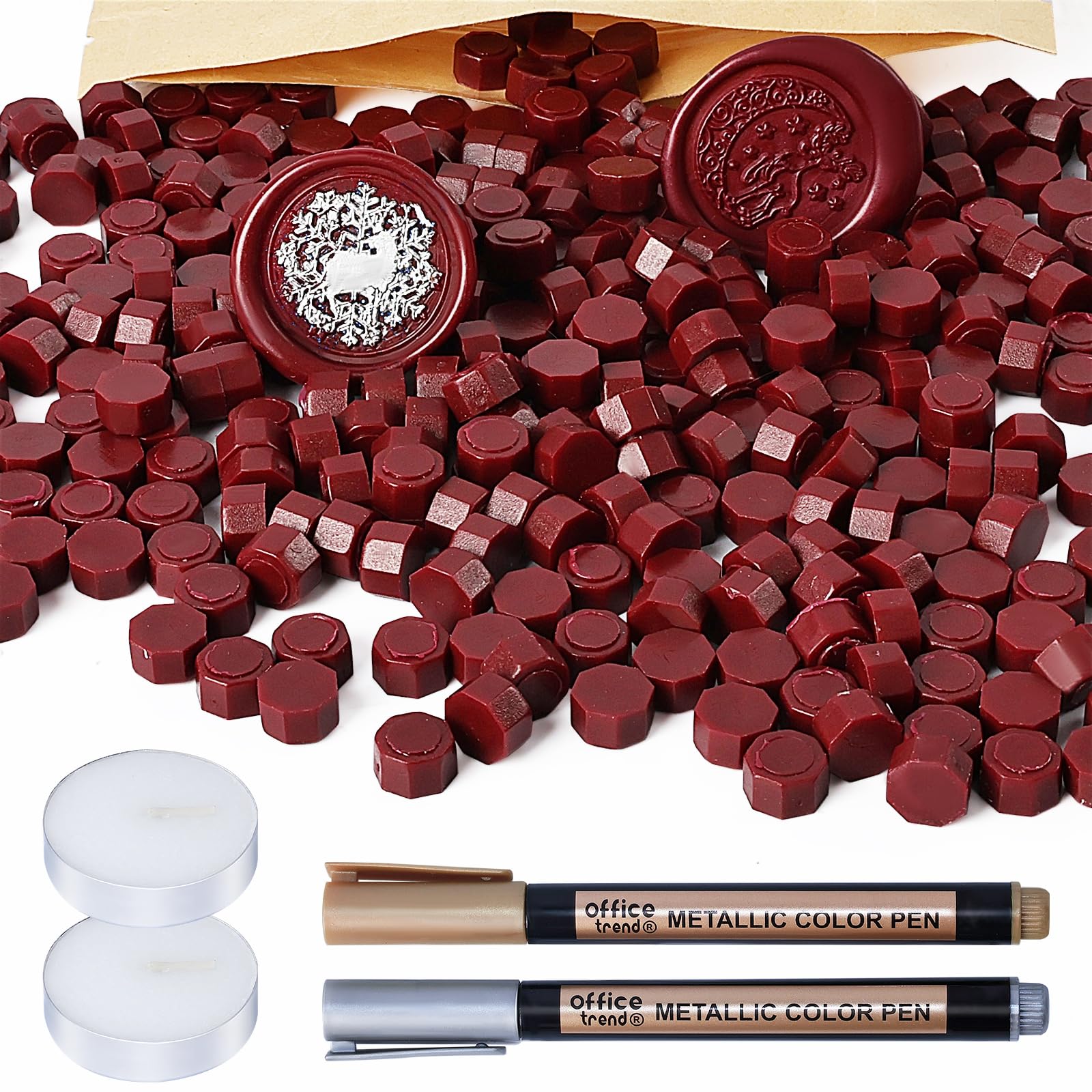 WEWINK PLUS 304PCS Wax Seal Beads Set, 300PCS Red Sealing Wax Beads with 2Pcs Tea Candles and 2Pcs Metallic Pen for Invitations, Envelope, Crafts, Stamp Seals, Decoration, Letter, Gift