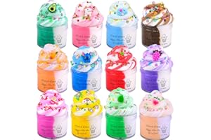 DREUNSTO 12 Pack Cloud Slime Kit, with Cute Slime Charms Two-Toned Colorful Slime, Scented DIY Slime Supplies for Girls and Boys, Stress Relief Toy for Kids Education, Party Favor, Gift and Birthday
