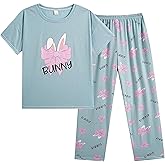 Vopmocld Big Girls' Short Sleeve Long Pants Pajama Sets 2PCS Cartoon Pattern & Letters Printed Sleepwear Lounge for Teens