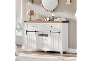 Farmhouse Buffet Cabinet, Sideboard Storage Cabinet with 5 Drawers and 2 Sliding Barn Doors, Wood Coffee Bar Table with Adjus