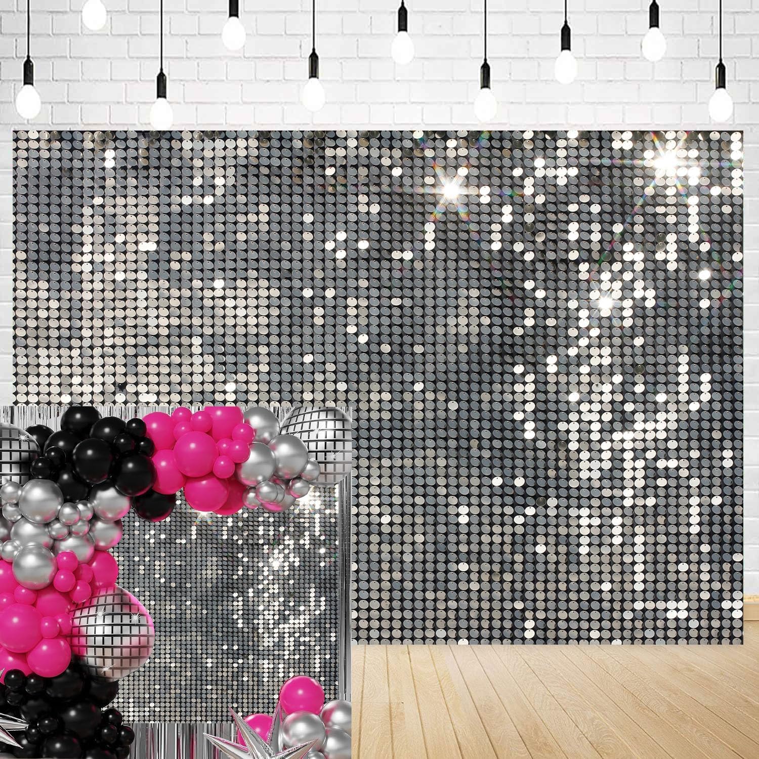 Photo 1 of InMemory Silver Sequins Party Backdrop Glitter Stars Cake Table Decorations Banner Birthday Wedding Graduation Prom New Year Events Photography Background 82.6'' x 59''