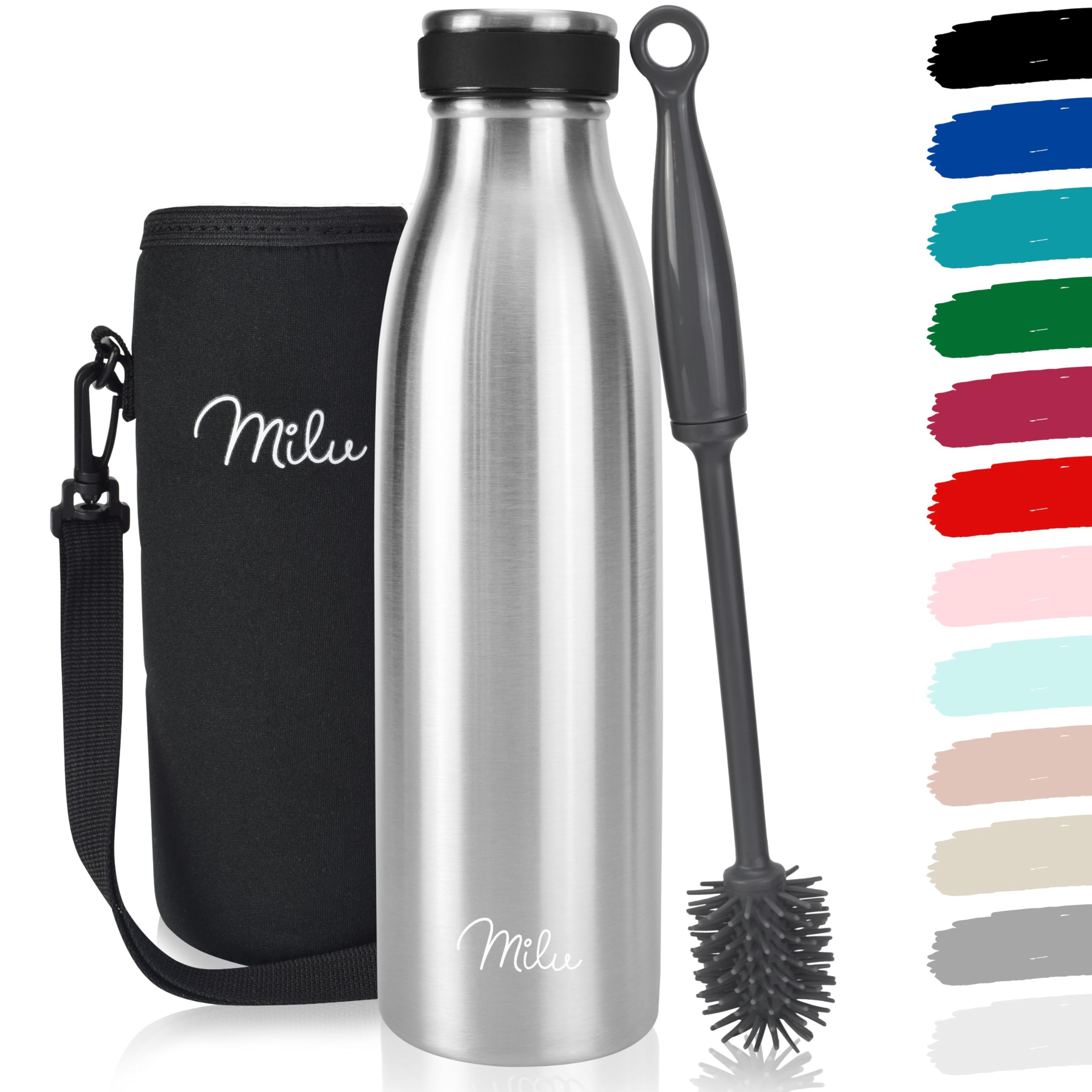 Milu Stainless Steel Drinking Bottle 500 ml - Insulated Thermo Flask for Water - Leak Proof, Insulated and Double Walled, Carbonated (Stainless Steel, 500ml)