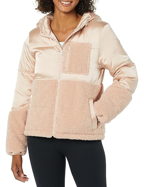 Amazon Essentials Women's Full-Zip Sherpa Fleece Hooded Puffer Jacket, Blush, Small