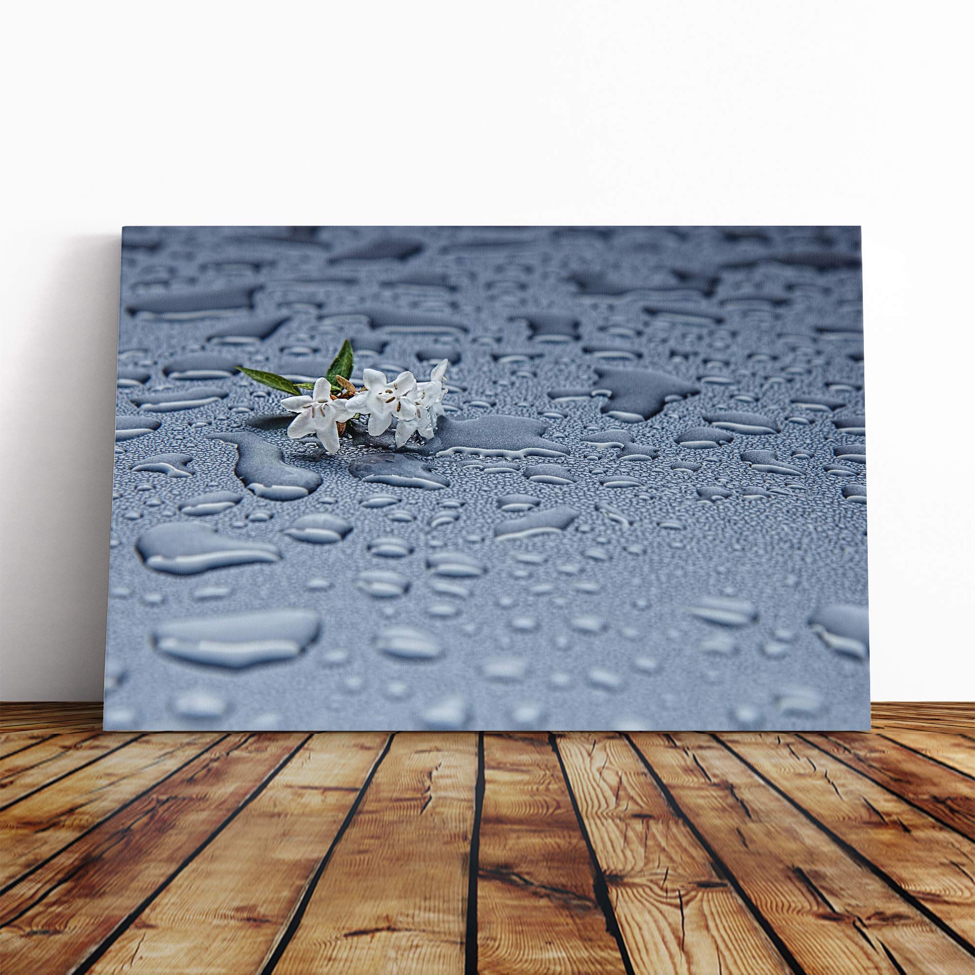 Water Droplet Rain Abstract and White Flower Canvas Print | Gallery Wrapped 30mm Frame Wall Art | 20x14 inches | Ready to Hang | Abstract Floral Picture | Living Room Bedroom Lounge Office