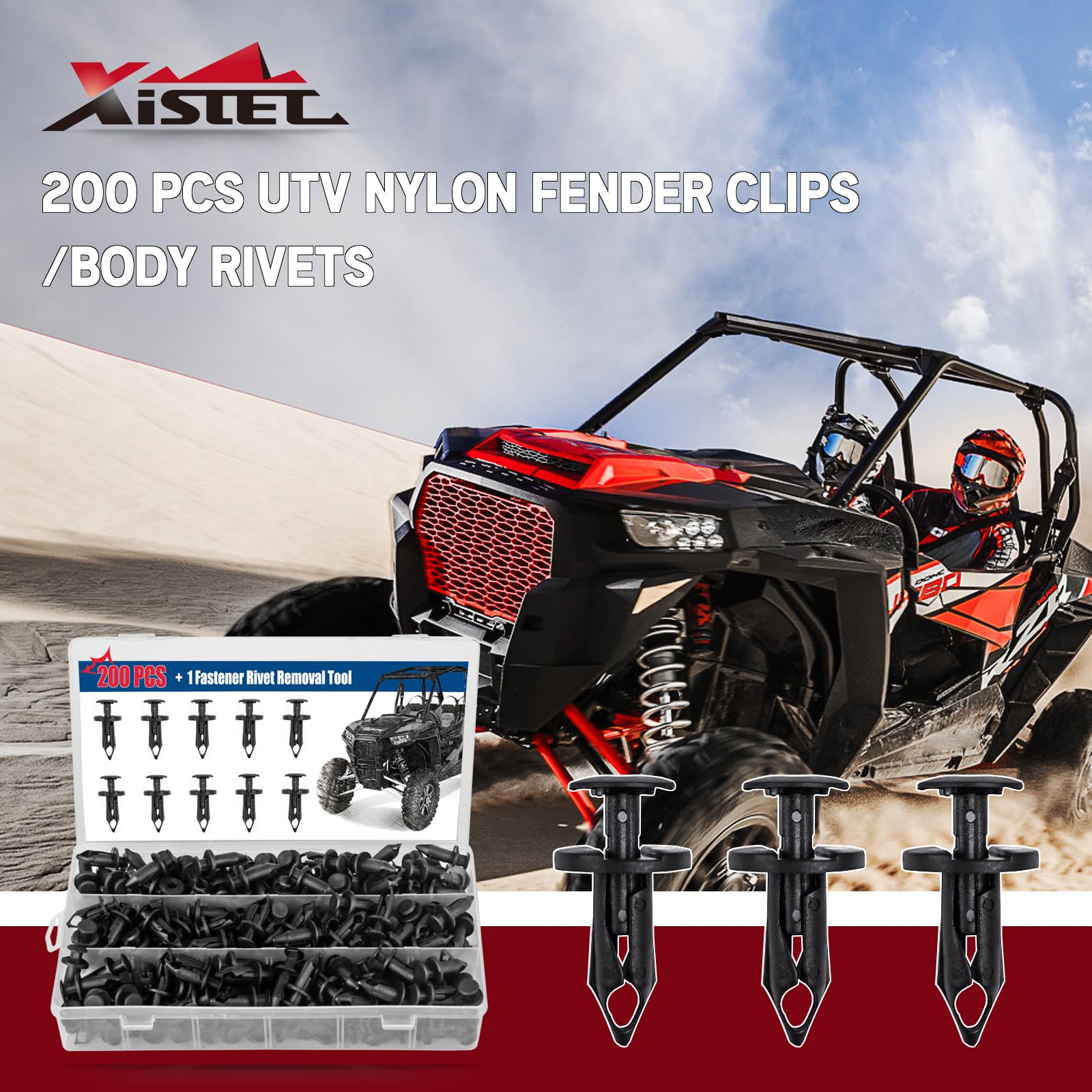 Xislet 200 Pcs UTV Nylon Fender Clips/Body Rivets Compatible with Polaris 7661855 Ranger RZR Can-Am Kawasaki Teryx Honda Rancher 90653-HC4-900 Suzuki Sportsman ATV Fastener with Tool