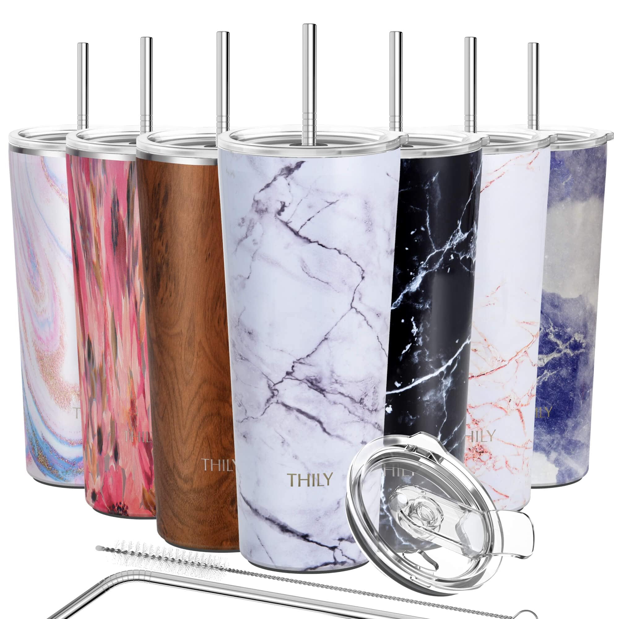 THILY Stainless Steel Vacuum Insulated Tumbler Travel Mug 780 ml Coffee Cup with 2 Lids and Straws, Splash Proof, Keep Ice Drinks Cold, White Marble