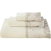 Loom and Mill Luxury Cotton Bath Towel Set 3 Piece-1 Bath Towel 1 Hand Towel 1 Wash Cloth, Ultra Soft Decorative Towel Sets Highly Absorbent for Bathroom, Elegant Floral Design(Ivory-Light Apricot)