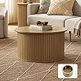 mopio Quin Tambour Round Circle Coffee Table with Storage, Drum Accent, Mid Century Modern, Wood, Fluted Center, Tea Table with Removable Lid, Living Room (Light Oak)