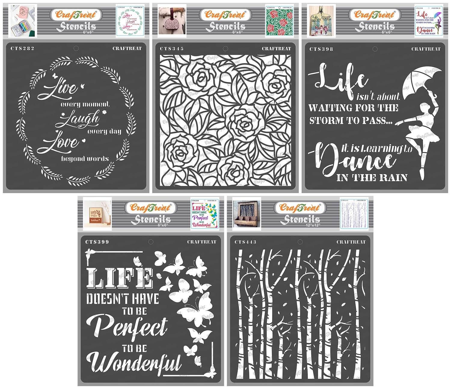 CrafTreat Reusable Quote Stencils for Painting on Wood, Canvas, Paper, Fabric, Floor, Wall and Tile - Life Quotes Bundle - 5Pcs -6x6 Inch Each - DIY Art and Craft Stencils for Home Decor