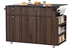 Kitchen Island with Storage Rolling Kitchen Island Cart with Drop Leaf Extension, Black Marble Top, Drawers, Spice Rack, Towe