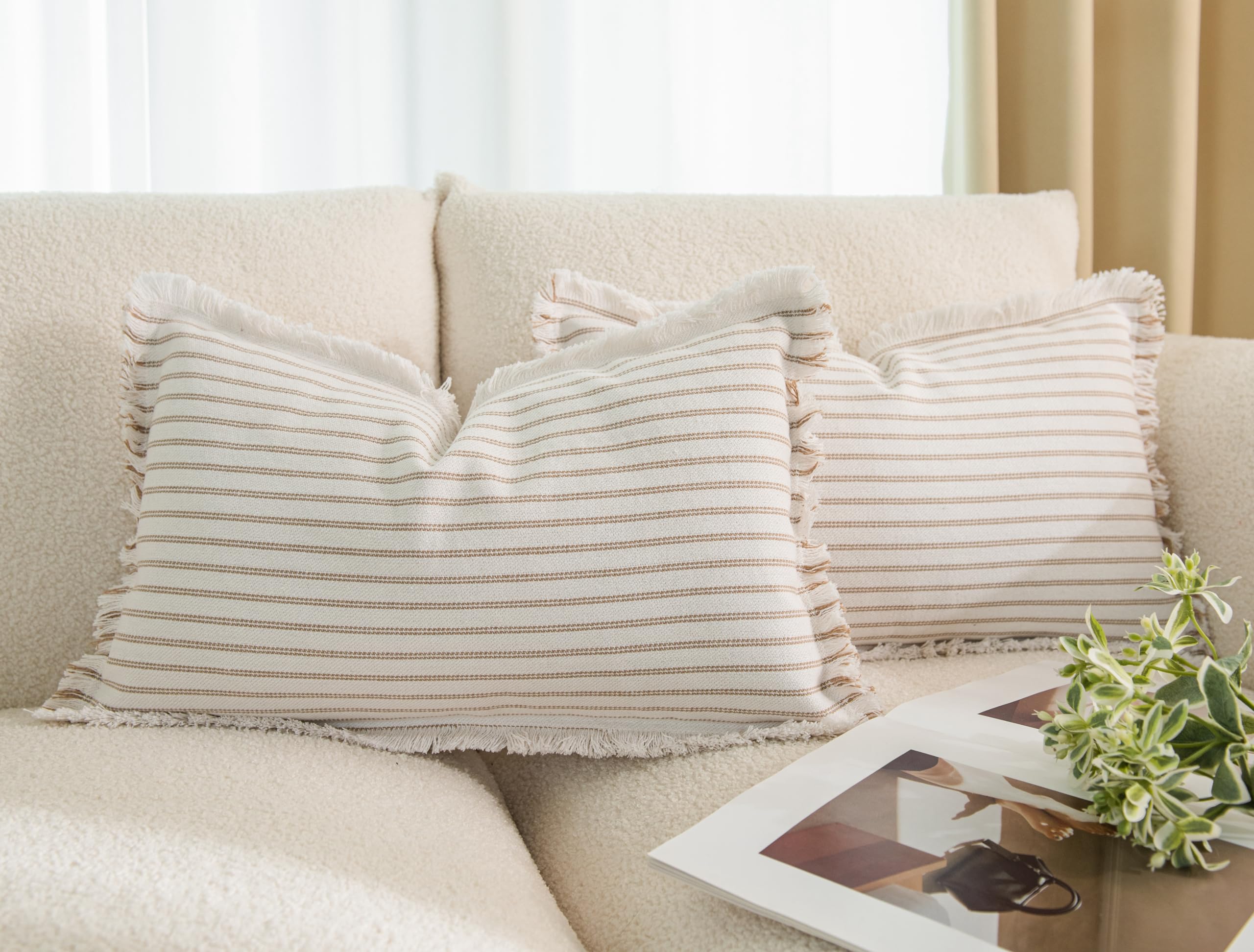 LIGICKY Set of 2 Fringe Lumbar Cushion Covers with Tassels Khaki Striped Boho Farmhouse Throw Pillow Covers Soft Rectangle Cushion Cases for Sofa Couch Bed Living Room Decor, 12 x 20 inch