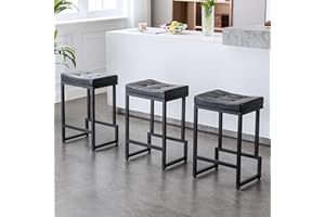 FIRAVOE Bar Stools Set of 3, 24" Counter Height Bar Stools, Faux Leather Barstools for Kitchen Island, Backless Saddle Stools with Metal Legs (Black, 3PCS 24" Counter Stools)