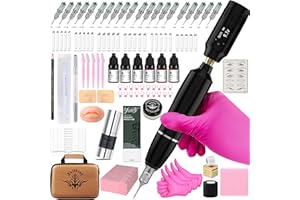 YBEAUTY Eyebrow Microblading Tattoo Machine Kit, Professional Complete Wireless Tattoo Gun with Tattoo Power Supply, 50Pcs Cartridge Needles, 7Pcs Inks, Microblading Supplies for Beginners (Black, TP39)