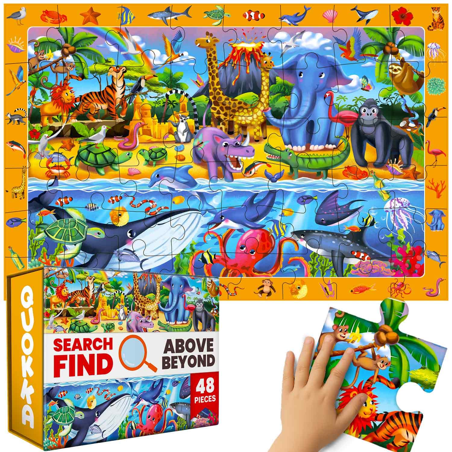 QUOKKA Floor Puzzles For 3 4 Year Olds - 60x90 cm 48 pc Giant Search and Find Jigsaws For Children Age 4 5 - Above and Beyond Observational Scene - Educational Toy with Gift Box - Jungle Learning — image 1