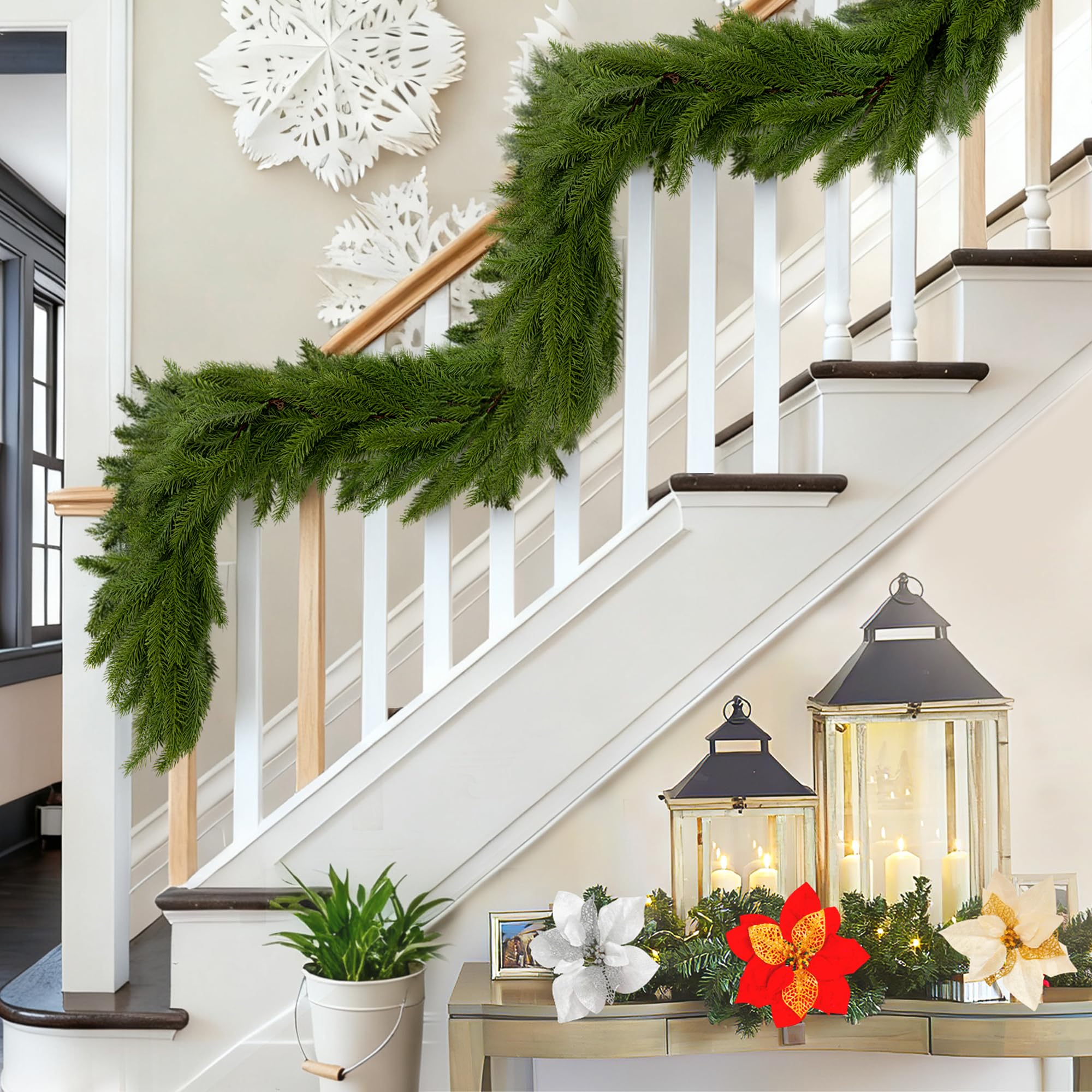 Photo 1 of 2 Pcs 6 Ft Realistic Christmas Norfolk Pine Garland-Long Artificial Greenery Christmas Decoration for Stairs,Table,Fireplace,Mantle,Indoor