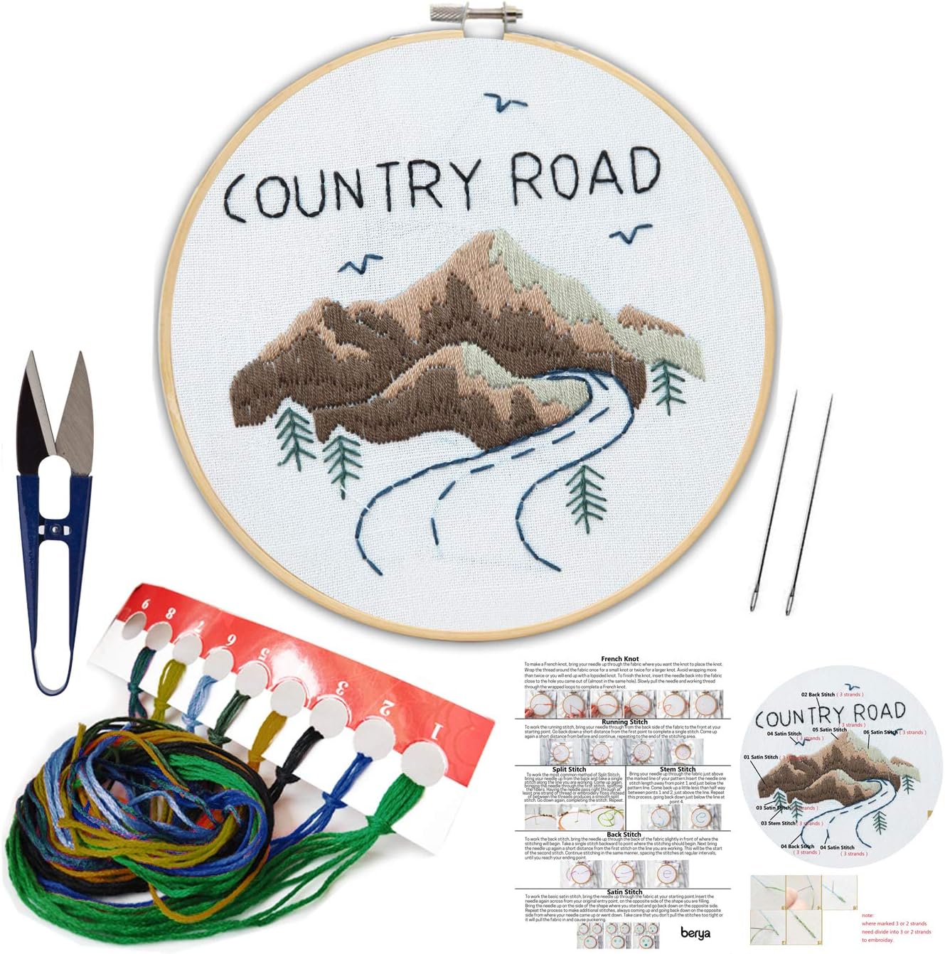 Embroidery Kit Including Embroidery Hoop,Color Threads and Embroidery Scissors for Beginners-Handmade Needlepoint Kits for Adults Kids(Mountain)