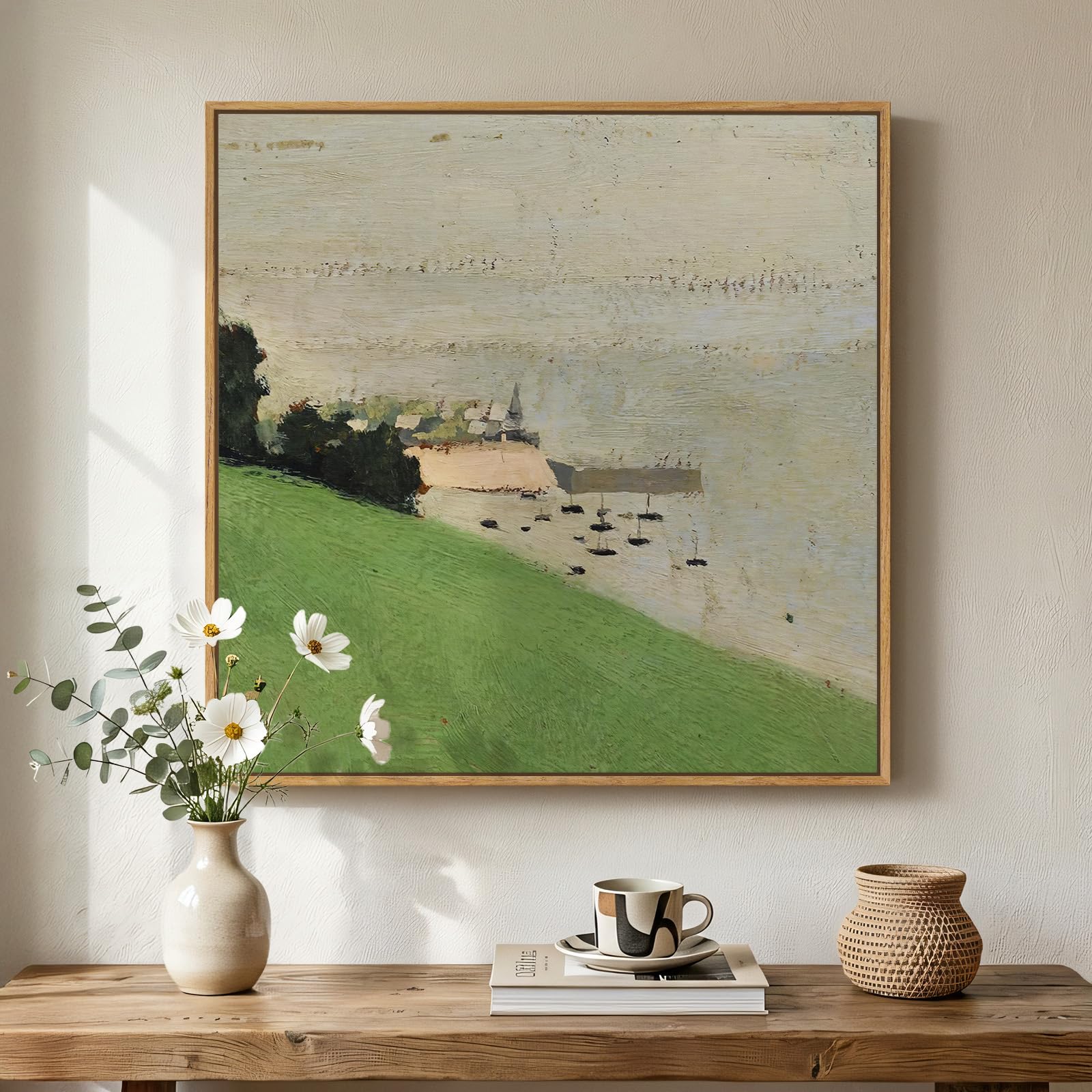 Photo 1 of Framed Square Abstract Green Landscape Wall Art for Living Room, Seaside Village Harbor Print Canvas Artwork for Walls, Scandinavian Mid Century Modern Rustic Wall Decor for Bedroom Office, 24x24 Inch