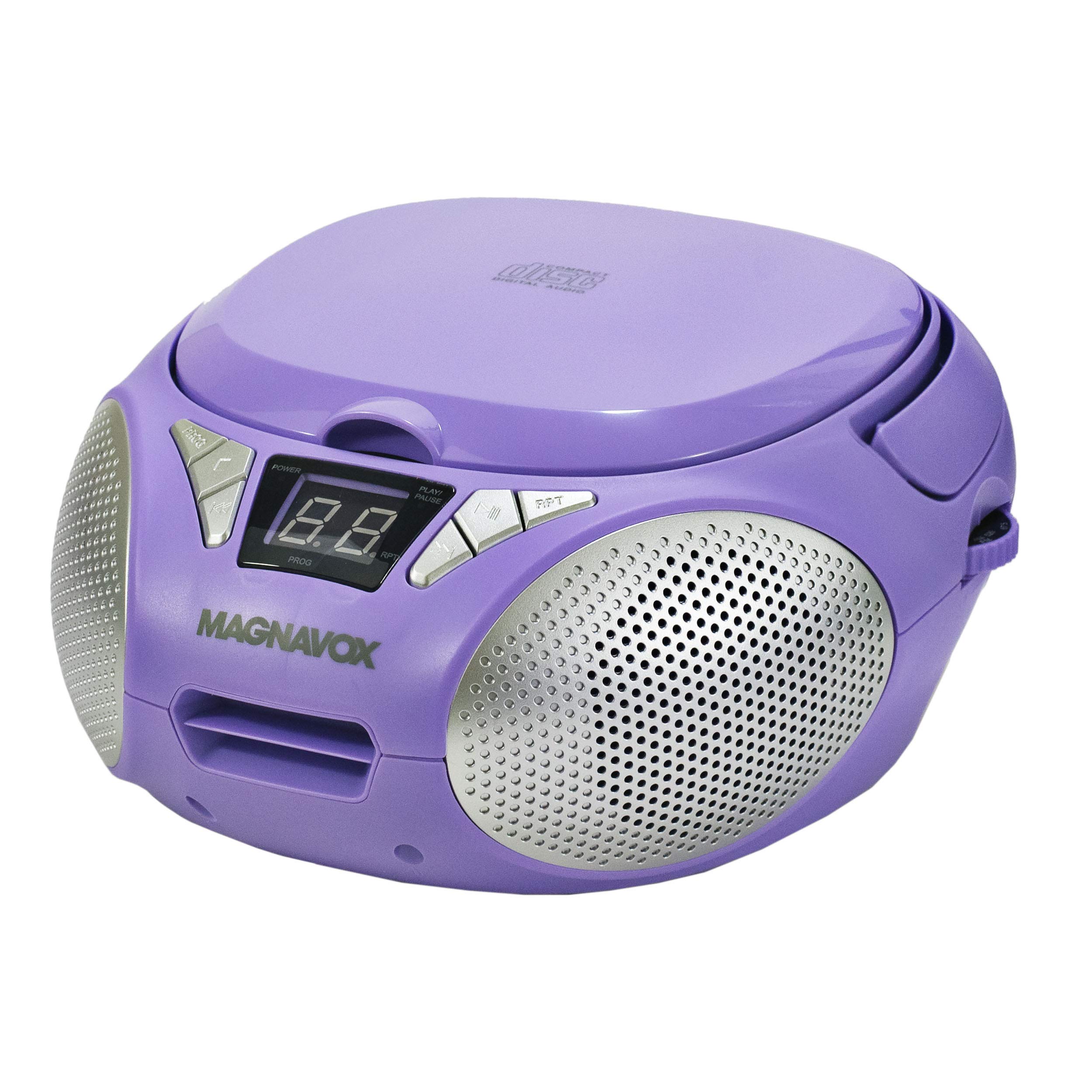 MAGNAVOX MD6924-PL Portable Top Loading CD Boombox with AM/FM Stereo Radio in Purple | CD-R/CD-RW Compatible | LED Display | AUX Port Supported | Programmable CD Player |
