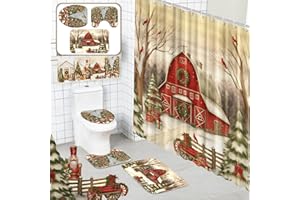 FuWeave 8 Pcs Christmas Shower Curtain Set Xmas Santa Bathroom Decoration Christmas Tree Hand Towels Snowman Toilet Lid Cover Bathroom Rugs Xmas Shower Curtain with Hooks(Farmhouse Style)