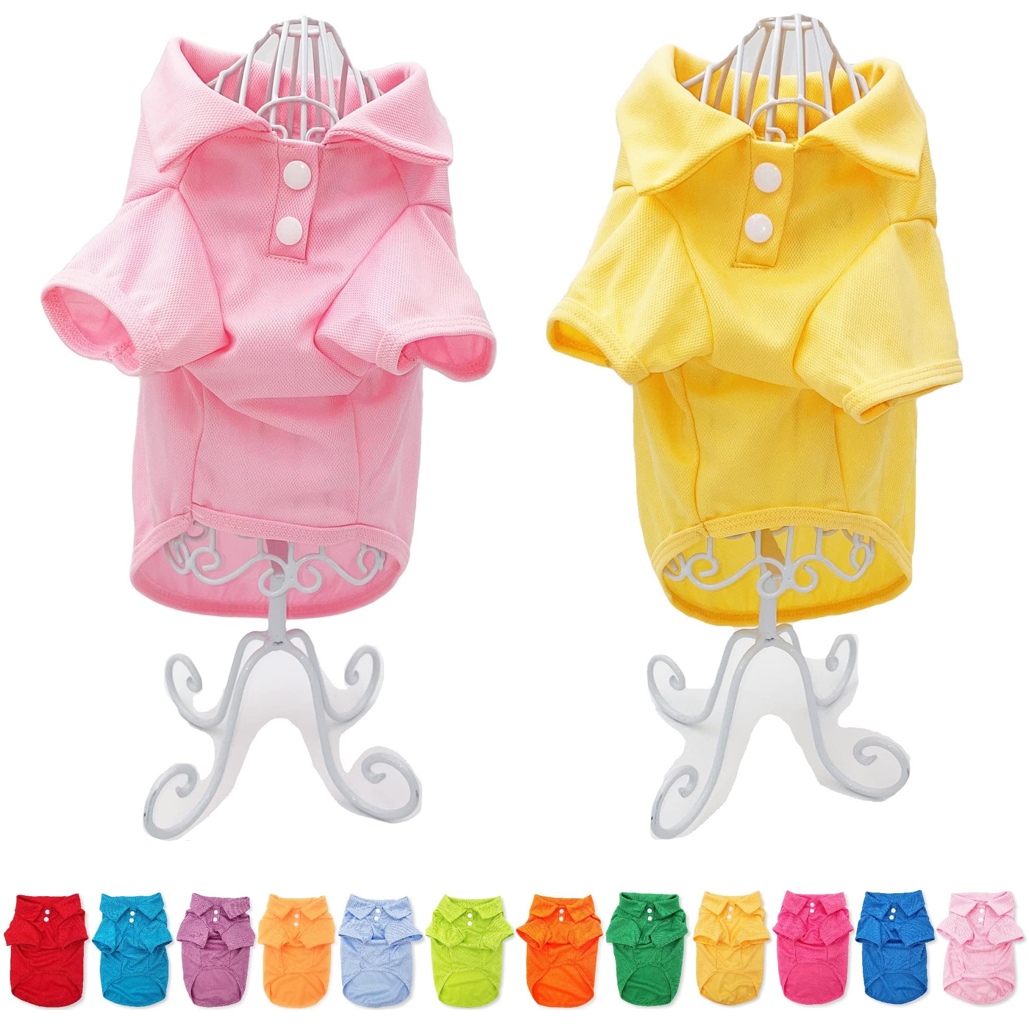 Pack of 2 Colors Dog Polo Shirt Cute Puppy Cat T-Shirt Solid Clothes Apparel for Small Pet (XS: Length - 10", Pink Light and Yellow)