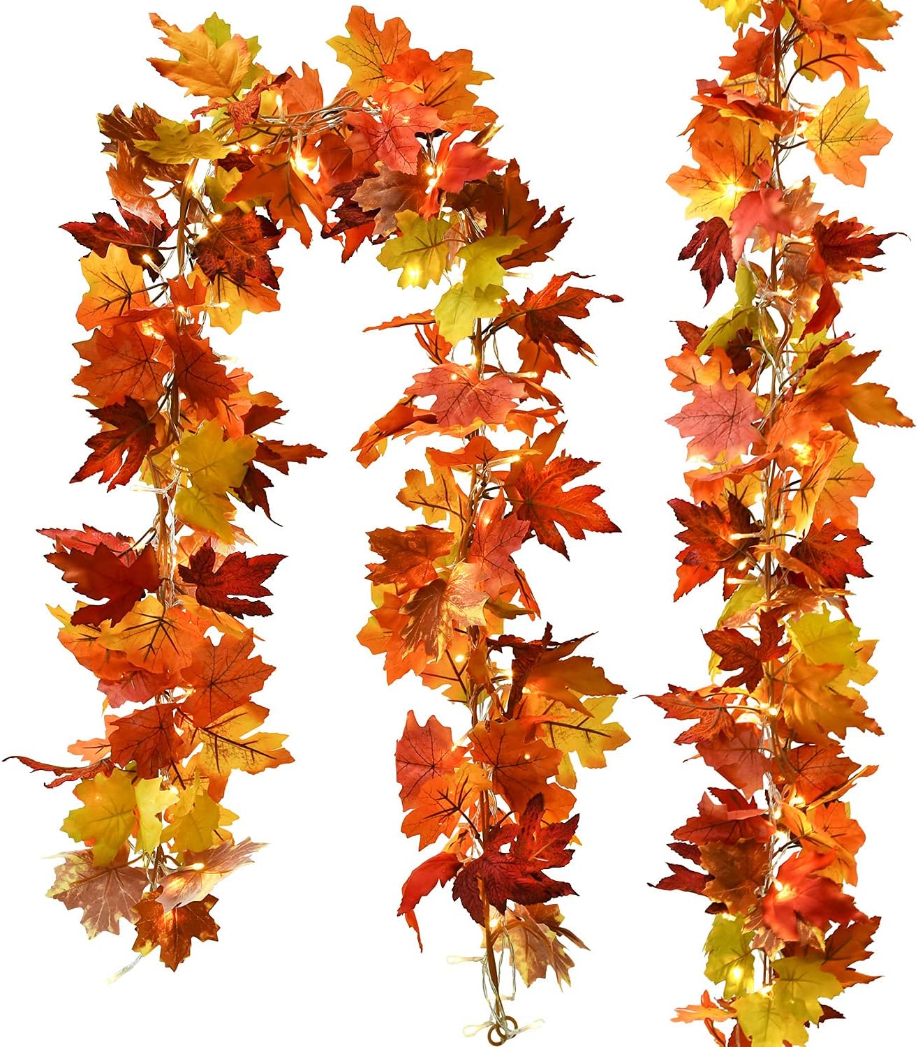 Wreaths, Garlands & Swags - DearHouse 2 Pack Fall Maple Garland, 5.9Ft/Piece Hanging Vine Garland with 2Pcs 7.5 ft 20 Led String Light, Artificial Autumn Maple Leaf Garland Thanksgiving Decor for Home Wedding Fireplace Party