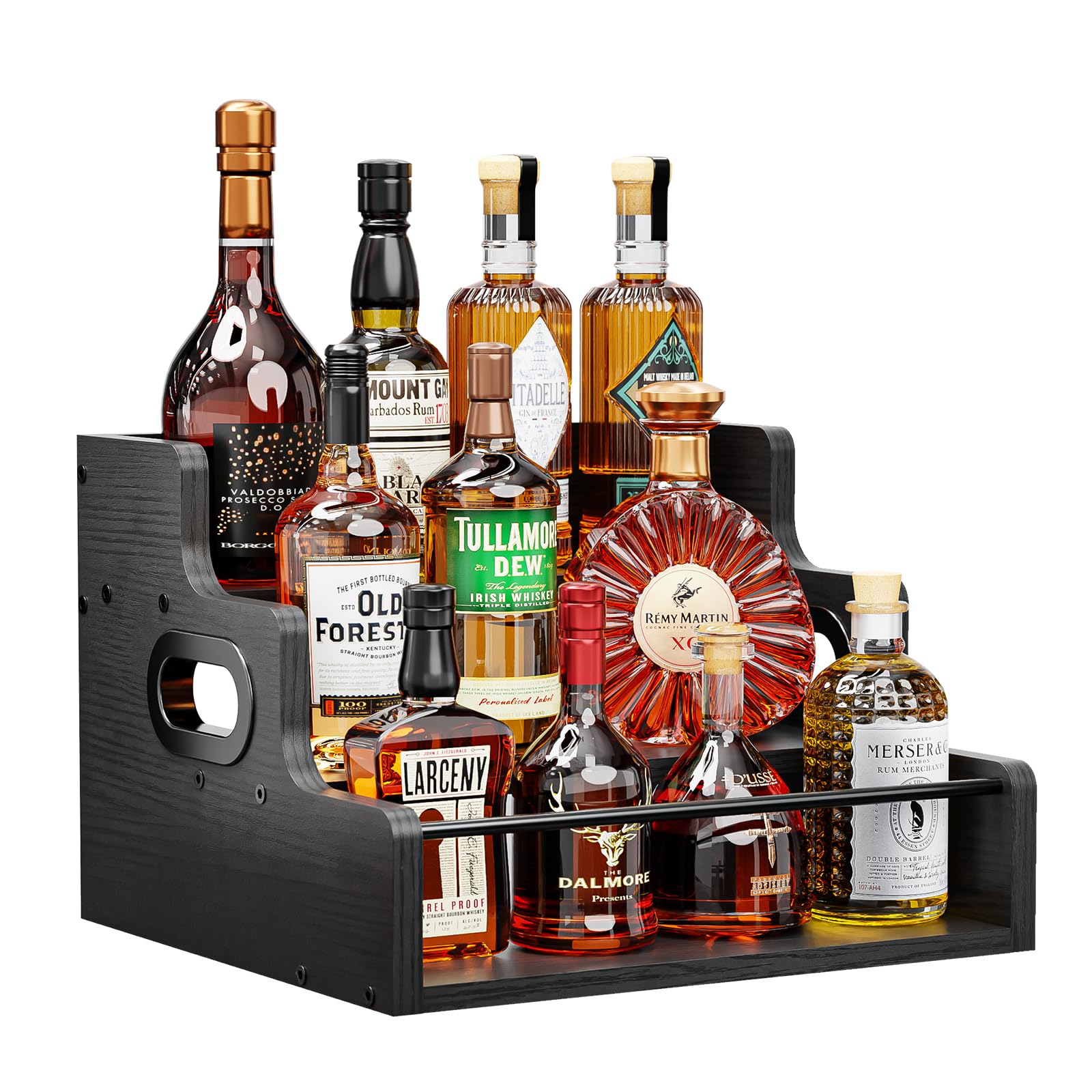 Photo 1 of KLM Liquor Bottle Display Shelf, Coffee Syrup Rack Organizer, 3 Step Countertop Liquor Wine Rack, Mini bar,Liquor Cabinet, Home Retro Bar Shelf Stand for Liquor Whiskey, Spirits?Black?