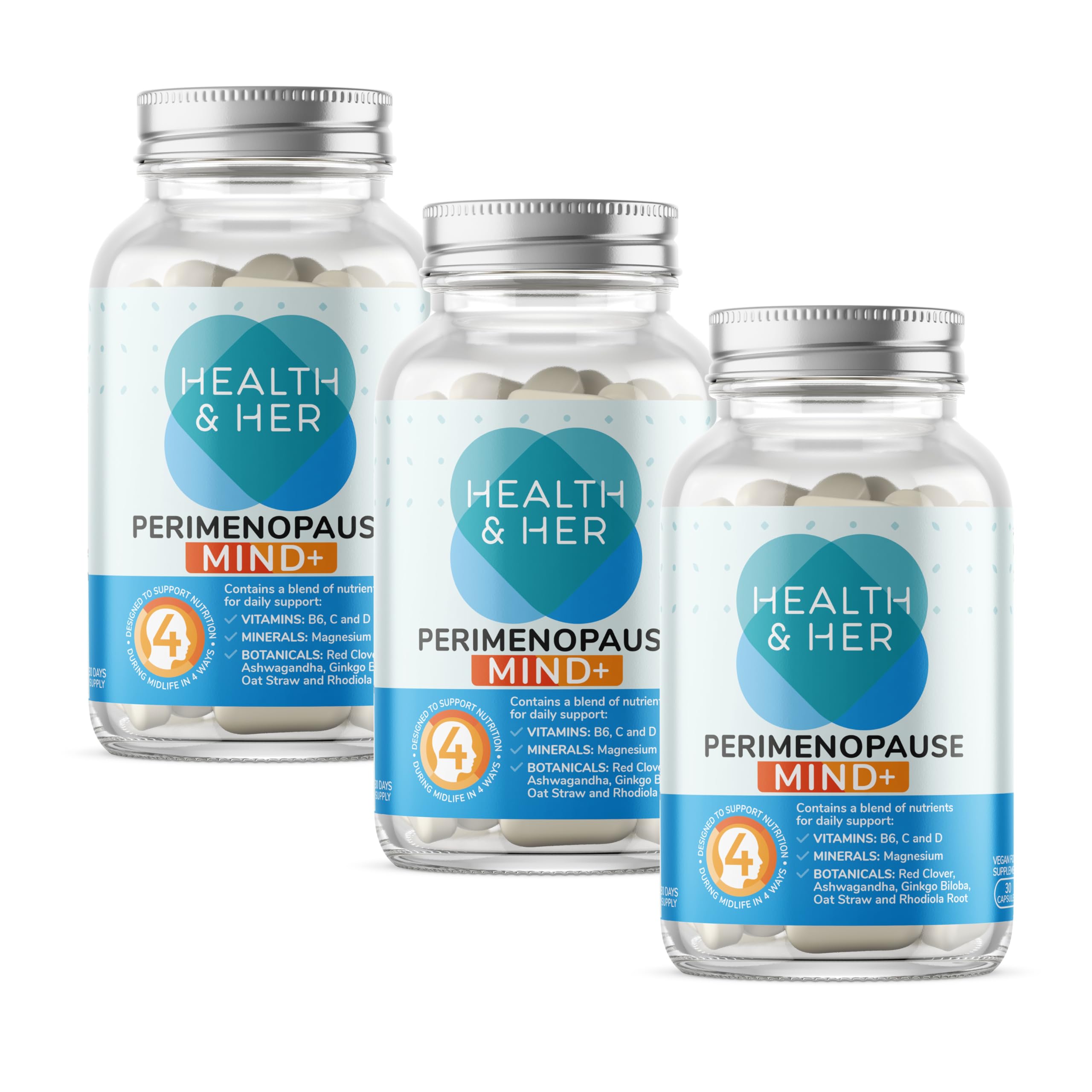 Health & Her Mind+ Perimenopause Supplement, 4-in-1 Daily Multivitamin for Women with Ashwagandha & Red Clover, Vegan & Gluten Free, 90-Day Supply, 90 Capsules
