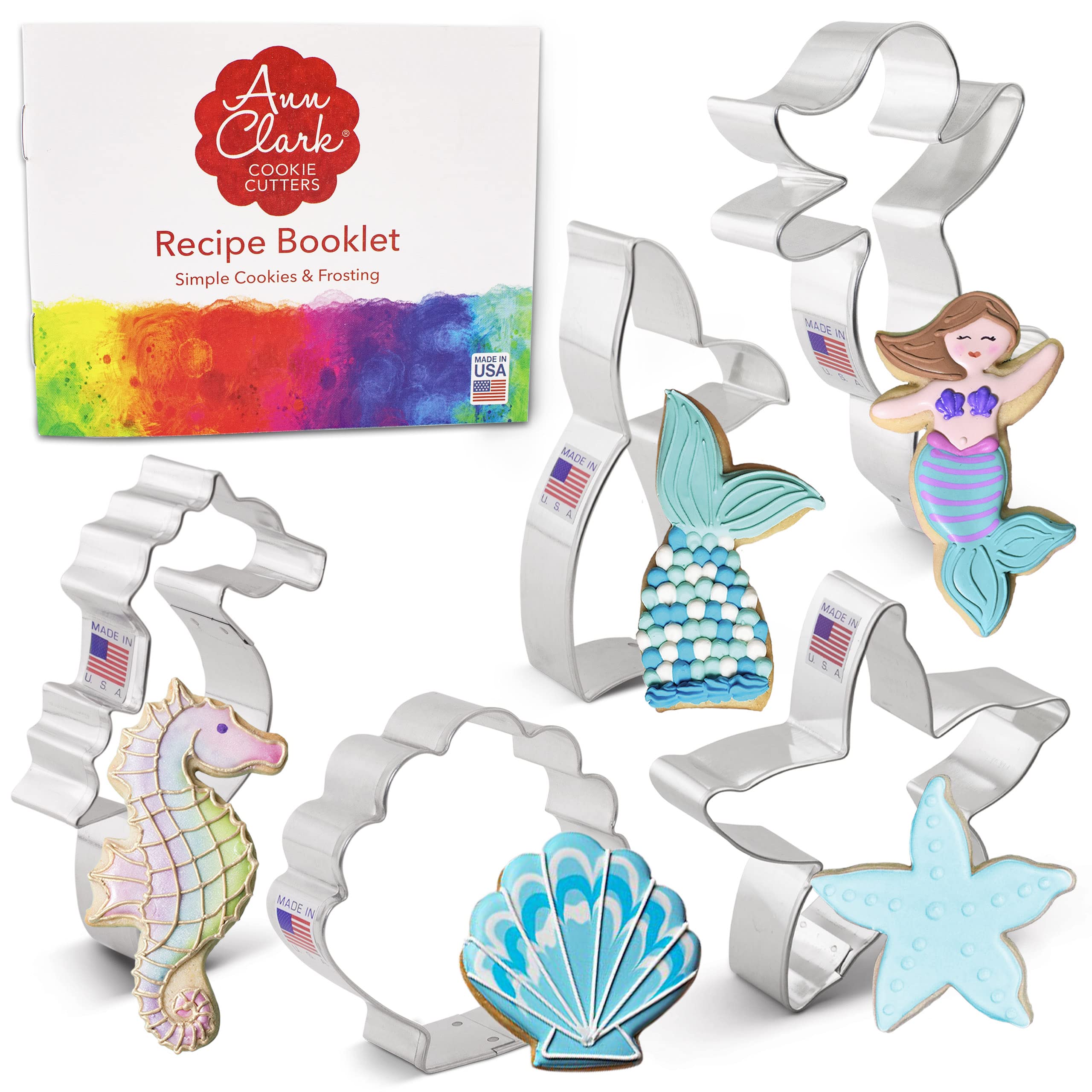 Ann Clark 5-Pc. Mermaid Cookie Cutters Set - Made in The USA - Mermaid Tail, Starfish, Seahorse, Seashell