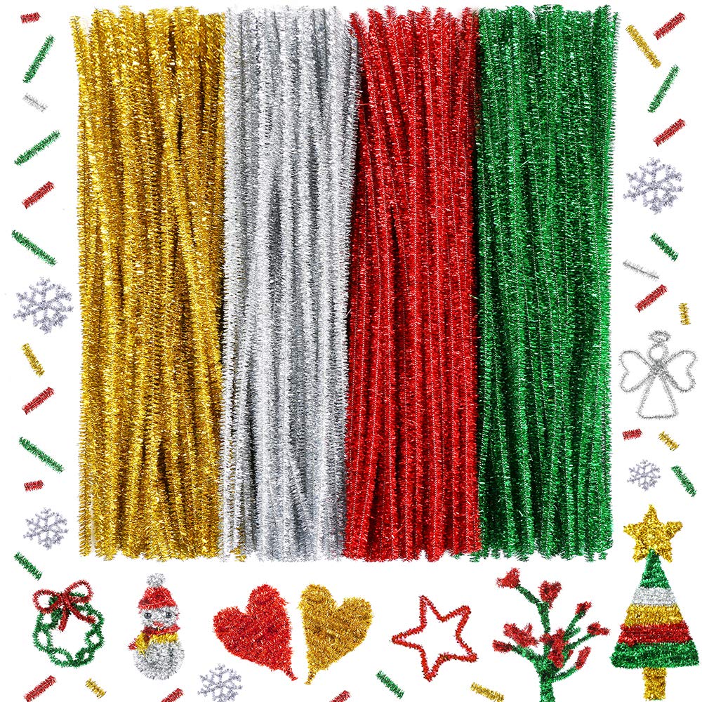 Caydo 300 Pieces Christmas Pipe Cleaners Glitter Chenille Stems for DIY Craft Christmas Decoration (Red, Green, Gold, Silver)