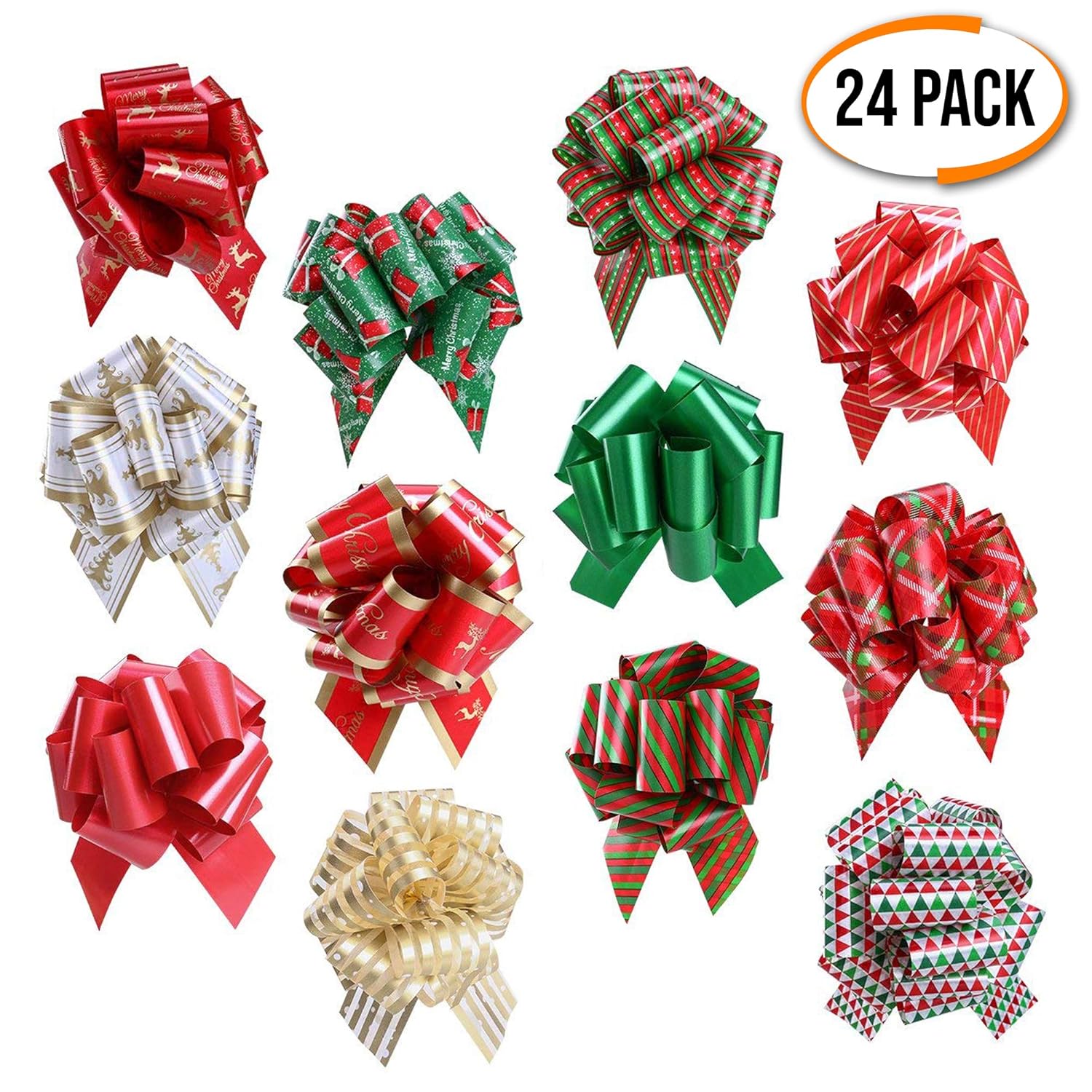 24 Christmas Themed Pull String Bows Perfect for wrapping Christmas