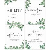 HRQKO Office Inspirational Quotes Wall Art Poster Prints Set of 4, Motivational Wall Art, Eucalyptus Decor Artwork Prints Posters Wall Decor, Affirmations Prints for Office Women Men 8”x10” Unframed