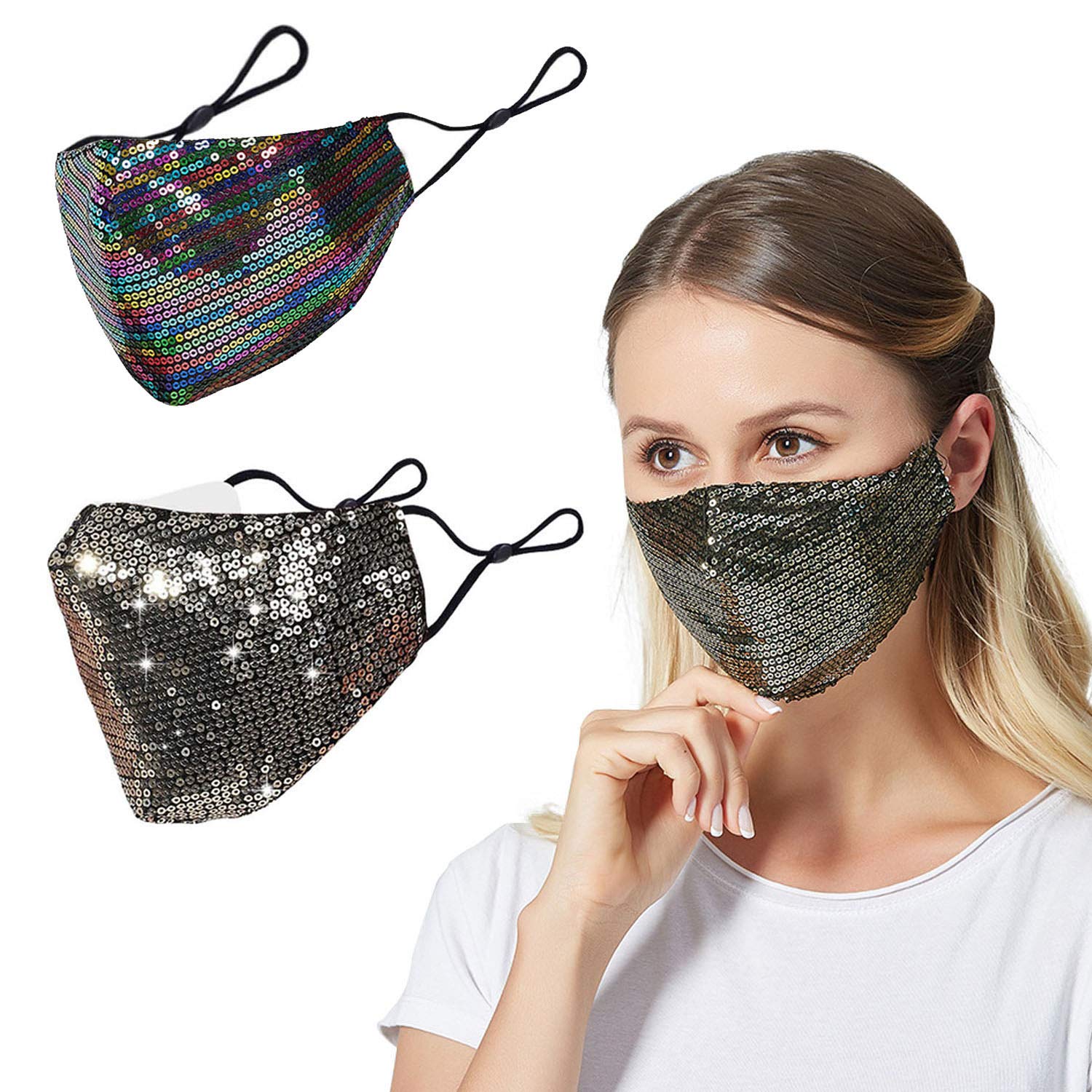2 Pack Washable Glitter Mask for Women, Fashion Bling Adjustable Ear